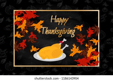 Happy thingsgiving, maple leaves, turkey, banner,  black background: stock vector illustration