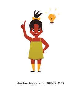 Happy thinking kid girl with light of idea. Concept of education, inspiration, creativity and solution of problems. Flat cartoon vector illustration isolated on white.