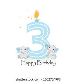 Happy third birthday with baby boy elephants baby greeting card