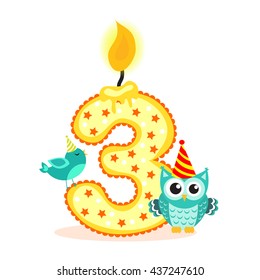 Happy Third Birthday Candle and Animals Isolated on white. The number three. Vector illustration