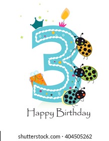 Happy third birthday candle. Baby greeting card with ladybird vector