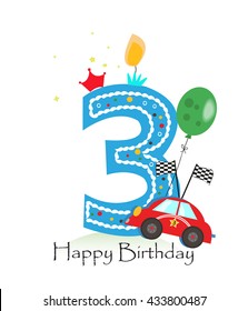 Happy Third Birthday Candle. Baby Boy Greeting Card With Race Car Vector Illustration