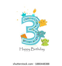 Happy third birthday candle with elephants baby boy greeting card vector