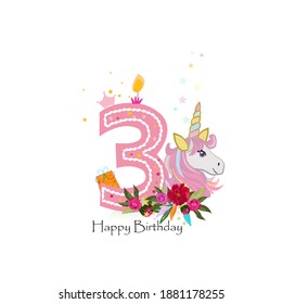 
Happy third birthday candle with magical unicorn horse with roses baby girl greeting card vector