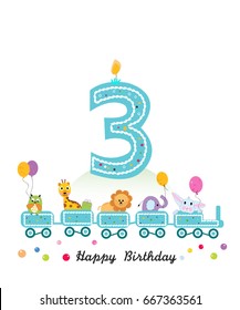 Happy third birthday greeting card. Birthday train with animals