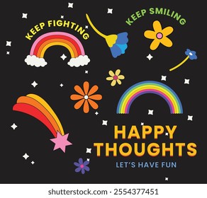 Happy Thoughts Poster with Rainbow and Flowers Colorful Positive Vibes sticker set