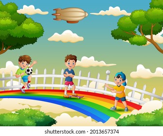 Felices tres chicos juegan diferentes actividades en el arco iris