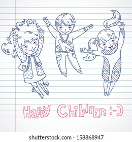 Happy three children. Paper background. Hand drawn. Jumping children. Happy emotions. Line illustration.