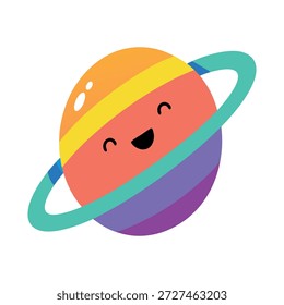 Feliz planeta tridimensional decorado com anéis de arco-íris e rosto sorridente sobre fundo branco