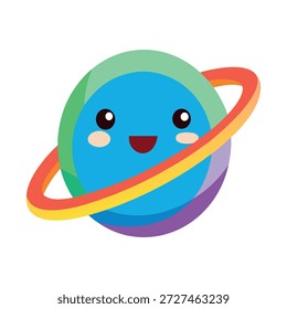 Planeta tridimensional feliz con los anillos del arco iris y la cara sonriente aislada en blanco