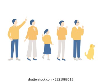 happy three generation family. Grandparents, parents, children, grandchildren and pet dog. simple full body illustration