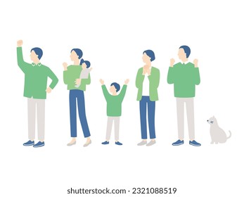 happy three generation family. Grandparents, parents, children, grandchildren and pet cat. simple full body illustration