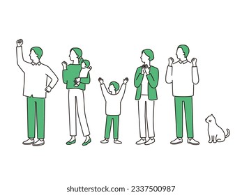 happy three generation family. Grandparents, parents, children, grandchildren and pet cat. simple full body illustration