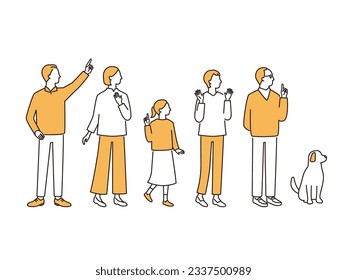 happy three generation family. Grandparents, parents, children, grandchildren and pet dog. simple full body illustration