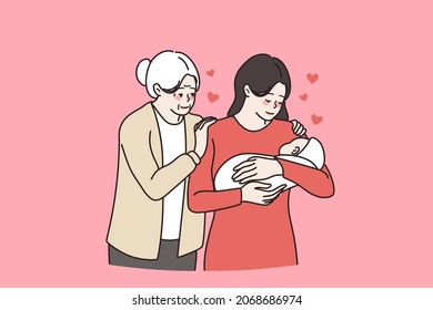 Happy Three Generations Of Women, Baby Child, Mother And Grandmother, Show Family Unity Bonding. Loving Woman Caress Lull Little Newborn Kid, Old Mom Near Help. Offspring. Vector Illustration. 