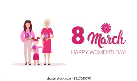 happy three generations women holding flowers international 8 march day celebrating concept female cartoon characters full length horizontal greeting card