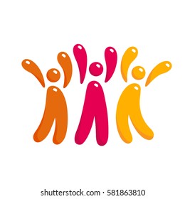 Happy Three People Bright Colors Icon, Family, Team, In Jumping With Hands Up Expressing Joy, Energy Lifestyle Symbol, Vector Illustration Isolated On White Background