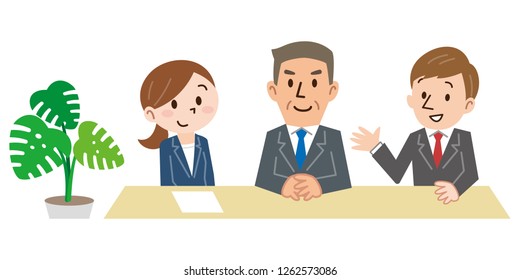 Happy Three People Sitting On Chairs In A Row And Waiting For Interview Isolated On White Background