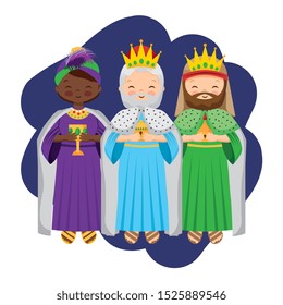 happy three wise men cartoon with crowns. vector illustration