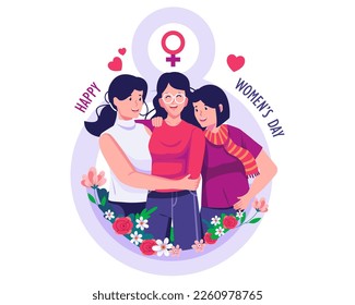 Happy three young women embrace each other. International Women's Day concept illustration