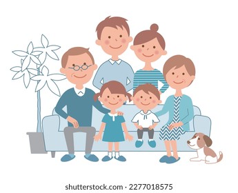 Happy three-generation family and pets sitting on the sofa