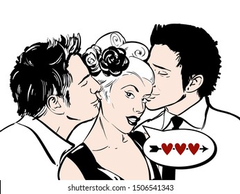A Happy threesome in love. Talking, flirting girl with her kissing boyfriends. Vector illustration in pop art retro comic style. Good for decoration holidays, parties.