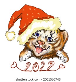 Happy tiger baby in a Christmas santa costume, had. The symbol of 2022. Hand drawn vector illustration isolated on a white background. Cute tiger emblem, print.