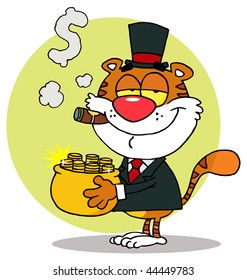 Happy Tiger Carrying A Pot Of Gold And Smoking A Cigar,background