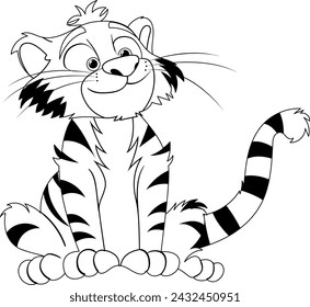 A happy tiger cartoon sitting and smiling.