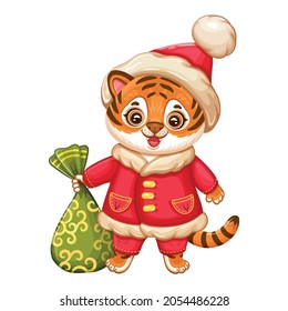 Happy tiger Chinese New year cartoon character in Christmas Santa Claus clothes hold bag of gifts. Cute kitten in red holiday Xmas hat. China horoscope zodiac sign. Mascot animal greeting card. Vector