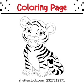 Happy tiger coloring page for children. Black and white vector illustration for coloring book