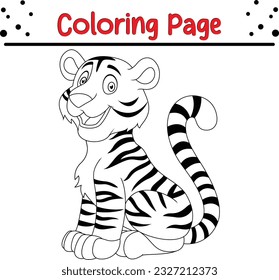 Happy tiger coloring page for children. Black and white vector illustration for coloring book