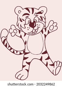a happy tiger cub greets the viewer, opened his paws wide and hugs