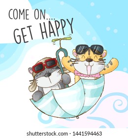 happy tiger flying with umbrella-cartoon illustration for kids-vector