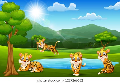 Happy tiger group playing next to small pond with mountain scenery