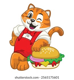 Happy Tiger Lean on Big Burger Cartoon
