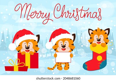 Happy Tiger New Year and Merry Christmas greeting card. Three tiger cubs on the background of a winter forest.