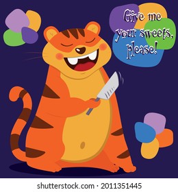 Un tigre feliz con fondo morado y manchas de colores quiere conseguir dulces para la festividad de Halloween