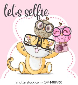 Happy tiger with owl friend-cartoon illustration for kids-vector