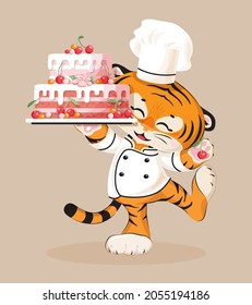 Happy tiger pastry cook dances holding sweet cake decorated with cherries, cream. Tiger - 2022 chinese new year mascot zodiac symbol. Vector illustration for confectionery menu, bakery, restaurant ad