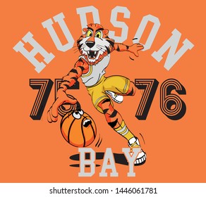 Happy tiger playing basketball, cartoon character. Vector hand drawn illustration