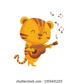 Happy tiger playing guitar on white background.