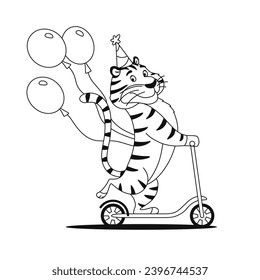 Happy tiger rides kick scooter coloring page. Wild cat with balloons black and white outline for children drawing. Cute character sketch. Kids preschool activity worksheet design vector illustration.