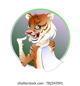 Happy tiger shows her white smile. Vector Illustration.