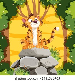 A happy tiger sitting on rocks among trees.