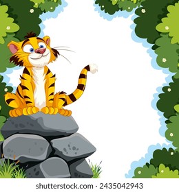 A happy tiger sitting on rocks surrounded by greenery.