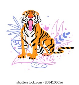 Happy tiger sitting pose with decorative line palm leaves isolated on white background. Chinese zodiac tiger symbol. Flat style funny vector illustration.