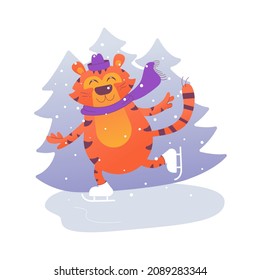 Happy tiger skating under the snow in winter