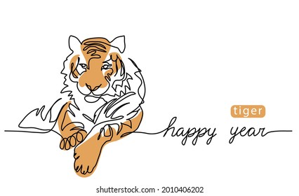 Happy tiger year. One continuous line art drawing of the tiger. Vector color illustration, greeting banner, poster. Chinese new year background.