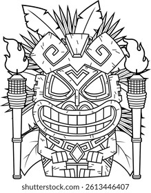 Happy Tiki Mask Coloring Page With Torches And Jungle Leaves - Vector Hand Drawn Illustration Isolated On Transparent Background